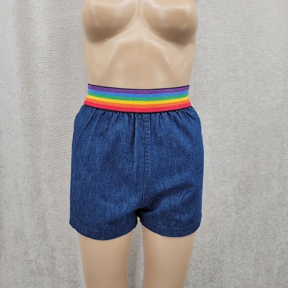 Moddy's Goose 70s 80s Vintage Blue Jean Denim Shorts with Rainbow Waistband - Picture 1 of 12